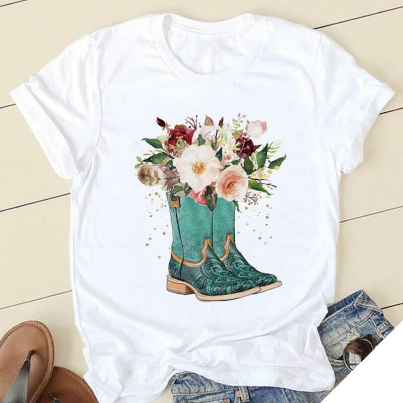 Hvid country-cowboy-T-shirt til kvinder 1 Hvid country-cowboy-T-shirt til kvinder